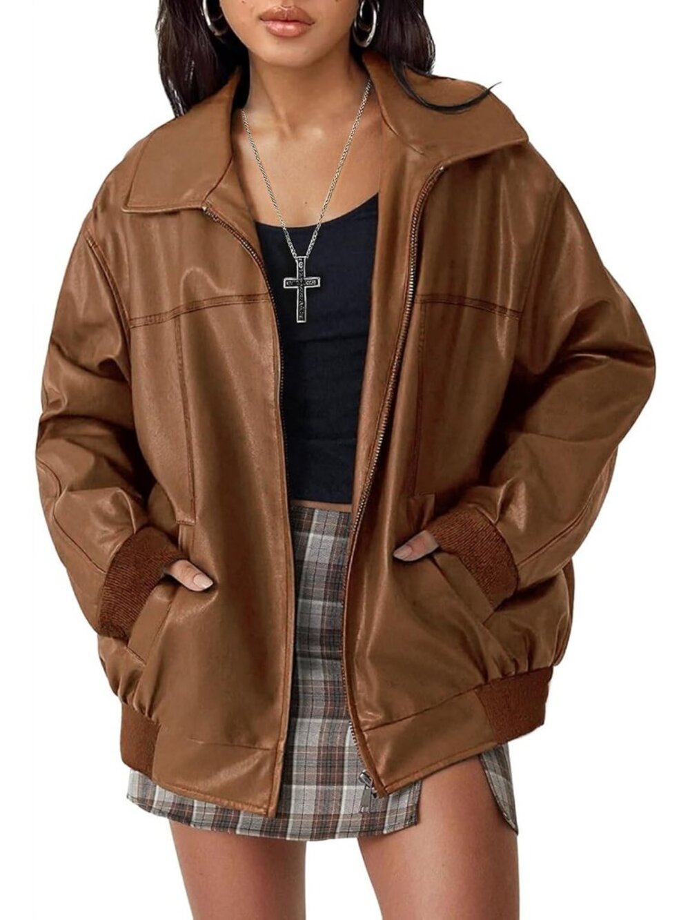 Women's Light Brown Faux Leather Oversized ZIP Up Coat Moto Biker Bomber Jacket